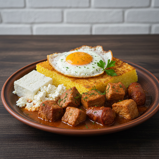 Tochitură ardeleană, mămăligă coaptă, ou prăjit și telemea