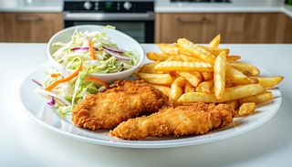 Șnițel de pui auriu cu cartofi pai și salată de varză - 500g