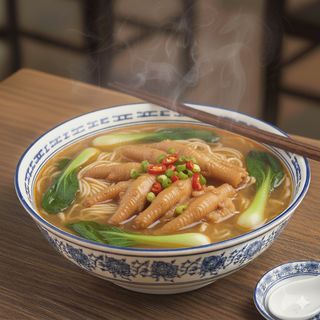 Sopa de pollo y fideos de arroz con patas de pollo