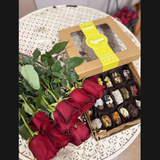 ხელნაკეთი შოკოლადი და წითელი ვარდები