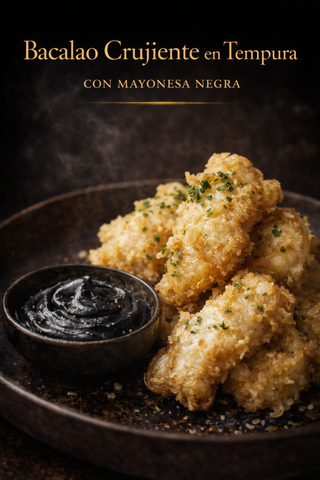 Bacalao en Tempura con Chips y Mayonesa Negra