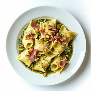 Paccheri con spek, panna e pesto di pistacchi