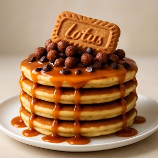 Super pancake 4 strati - caramello, palline di cereali, scagliette di cioccolato