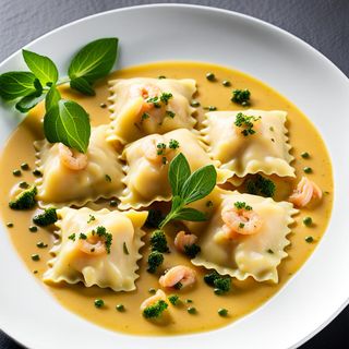 Ravioli di cernia alla crema di scampi