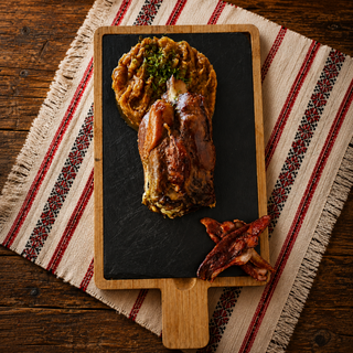 Ciolan afumat de porc la cuptor cu garnitura la alegere