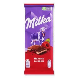 Шоколад молочний Milka з малиною та кремом (90г)