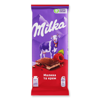 Шоколад молочний Milka з малиною та кремом (90г)