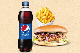 Burger porc BBQ + cartofi pai + Pepsi
