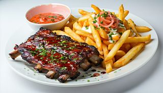 Scarita de porc afumata cu sos rosa si sos usturoi si cartofi pai