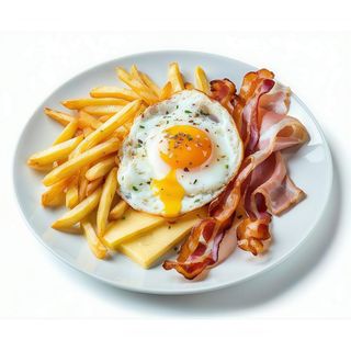 Plato 1 Huevo, Lomo, Bacon, Jamón York, Queso y Patatas