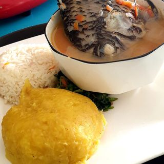 Boiled Fish With Rice, Kalo, Matooke And Greens