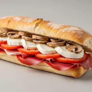 Panino crudo, pomodoro, mozzarella e funghi