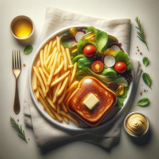 Dewolaj z masłem, frytkami i zestawem surówek