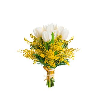 Bouquet di mimose e tulipani bianchi 