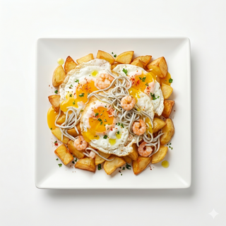 Sartén De Huevos Rotos Con Gulas Y Gambas (Ración)
