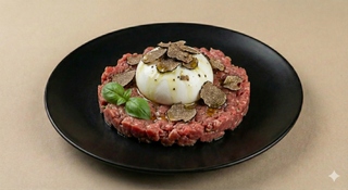 Tartare di fassona con burratina al tartufo e scaglie di tartufo