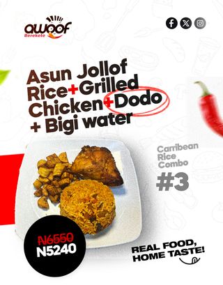 Asun Jollof + Grilled Chicken + Dodo + Bottled water