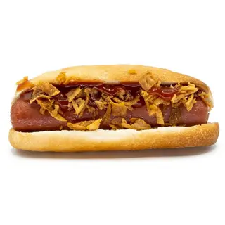 30. Hot dog, kétchup y cebolla crujiente