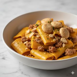 Paccheri con crema di zzucca, salsiccia e amaretti