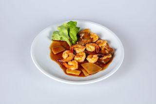 143. Gamberetti con funghi e bambù