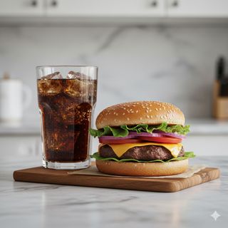 Hamburguesa de carne picada con bebida