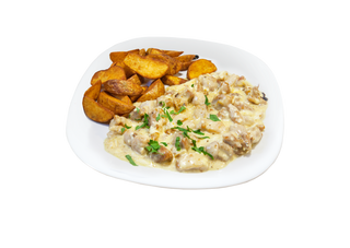 Пилешки късчета със сос от сирена и селски картофи (400г)