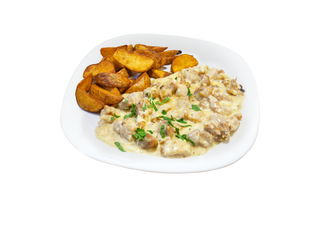 Пилешки късчета със сос от сирена и селски картофи (400г)