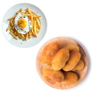 Ensaladilla rusa, patatas y dos croquetas caseras de jamón