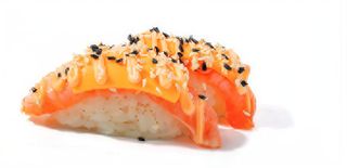 180. Nigiri de Salmón Flameado Picante (2 Pzs.)