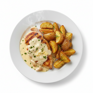 Piept de pui cu sos alfredo si cartofi copti