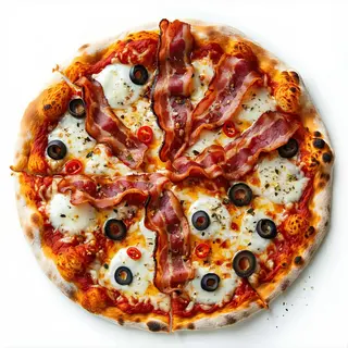 Pizza Pomodoro, Mozz. Fiordilatte, Guanciale, Olive Nere e Peperoncino