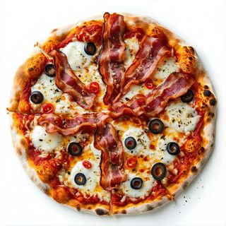 Pizza Pomodoro, Mozz. Fiordilatte, Guanciale, Olive Nere e Peperoncino