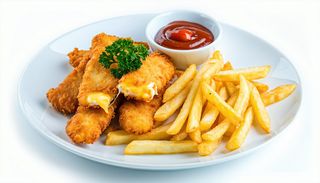 Cascaval pane cu cartofi prajiti + sos la alegere