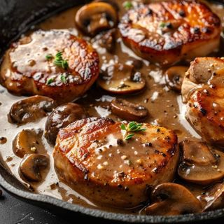 SCALOPINA DE PORC CU HRIBI SI SOS DE VIN 