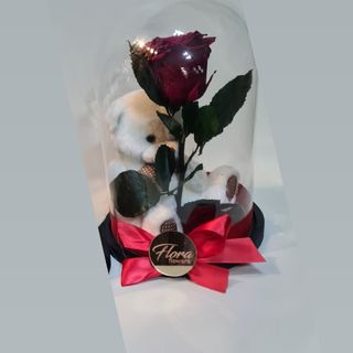 Crvena  vjecna ruza sa medvedicem u staklenom zvonu