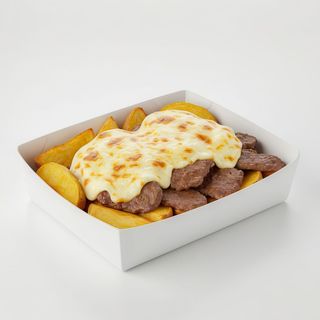 Plato de patatas deluxe con carne mixta y queso gratinado