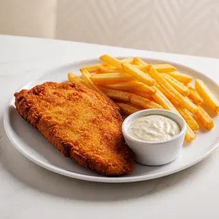 Poulet pané, frites, sauce tartare