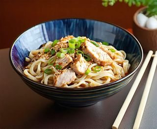 Makaron udon z kurczakiem i sosem