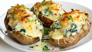 Запечени картофи с три сирена и спанак