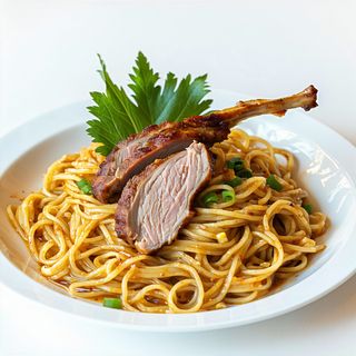 Tallarines (planos) con pato frito