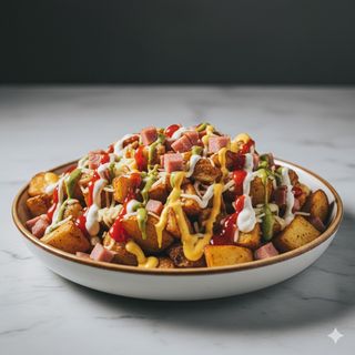 Papas Jamón, Queso, Pollo Y Salsas