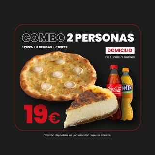 Combo 2 Personas - Pizza + 2 Bebidas + Postre