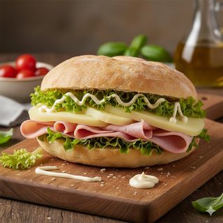 Puccia con prosciutto cotto, mozzarella, maionese e insalata