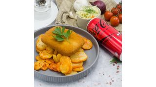Cascaval pane cu pesmet auriu,rondele crocante de cartofi,salata de varza alba,Coca Cola zero