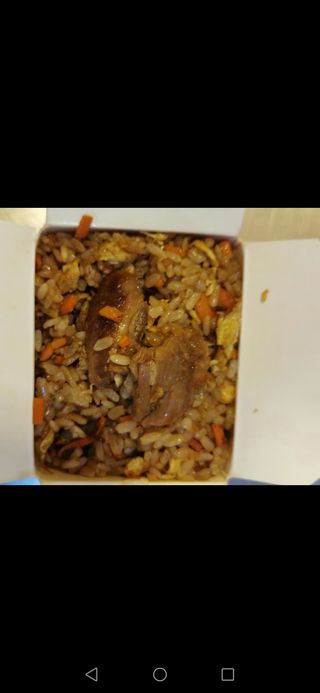 Arroz frito con pato asado y salsa picante