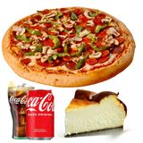 PIZZA (33 CM.) + TARTA QUESO + Coca-Cola Sabor Original lata 330ml.