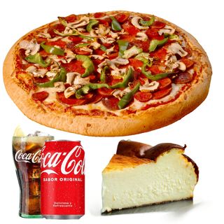 PIZZA (33 CM.) + TARTA QUESO + Coca-Cola Sabor Original lata 330ml.