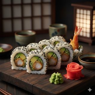 Uramaki krewetki w tempurze owinięte pieczonym węgorzem