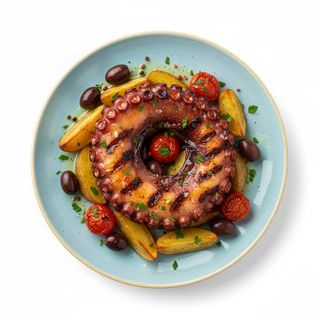 Polpo alla griglia con patate, olive taggiasche e pomodoro datterino