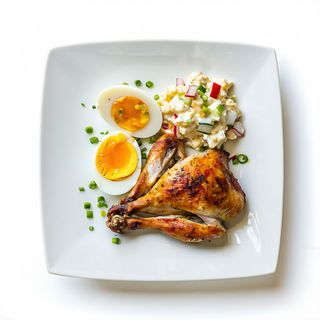 Plato De Pollo Asado Con Huevo Duro Y Ensaladilla Rusa